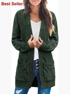 Long Sleeve Cable Knit Cardigan Sweater Open Front Coat Pockets